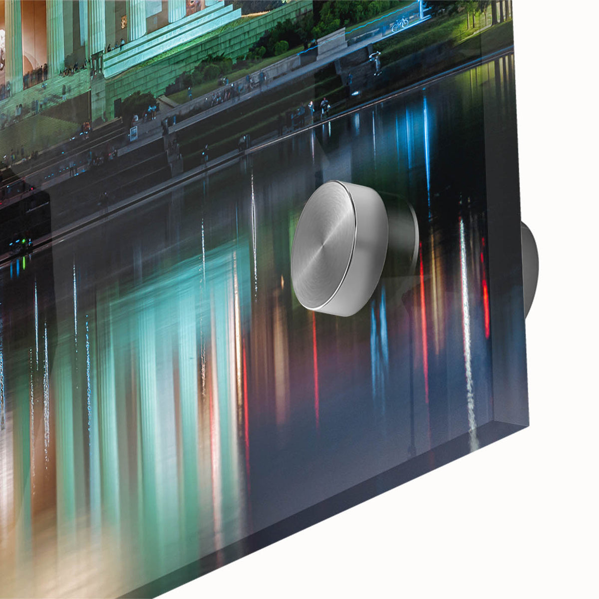Mid-century modernist art print of Washington DC scenery on acrylic glass, featuring muted earth tones.