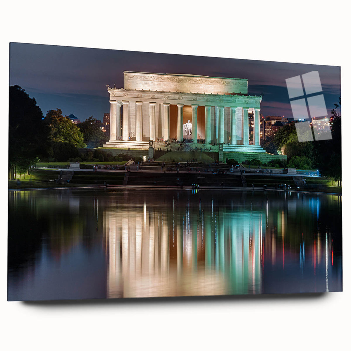 Acrylic print of a large abstract depiction of the Lincoln Memorial in muted earth tones.