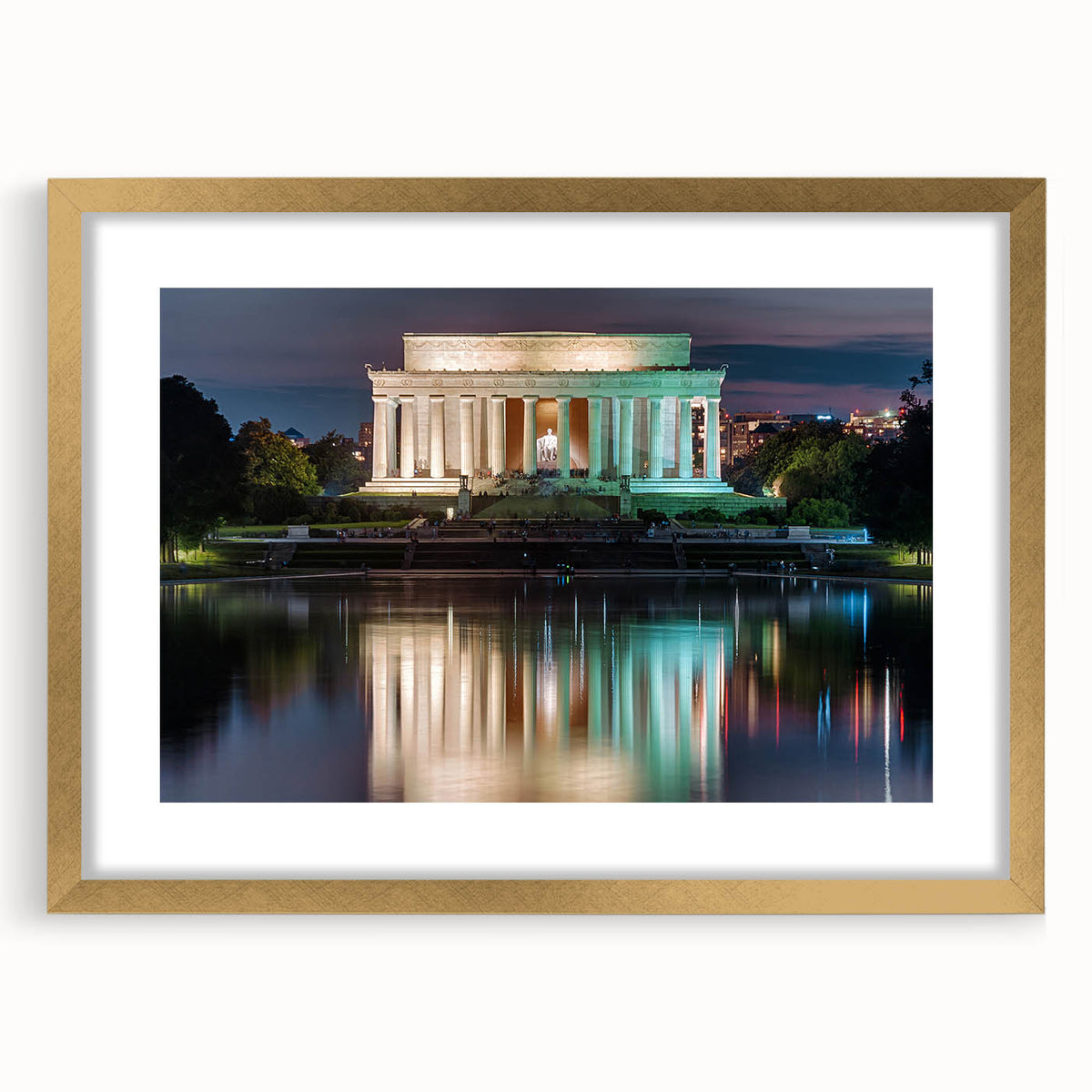 Abstract art print of Washington DC scenery in textured gold frame, ideal for extra large wall art in a living room.