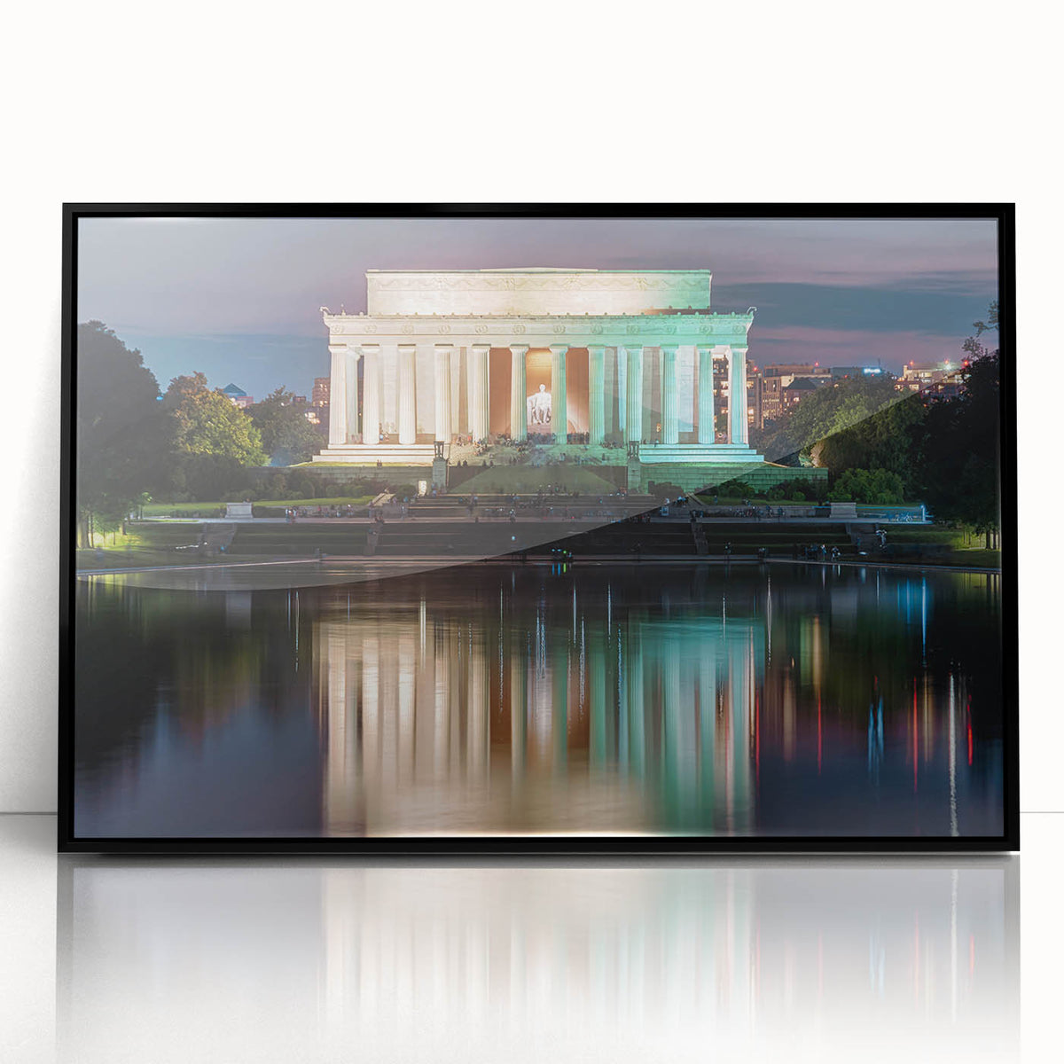 Large abstract wall art of Washington DC's Lincoln Memorial in black and white, framed acrylic.