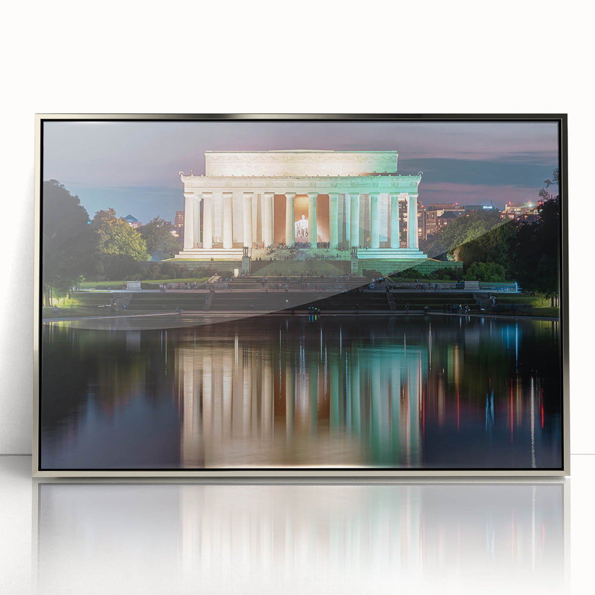 Mid-century modernist art of the Lincoln Memorial in muted gray tones, framed acrylic, suitable for modern art wall decor.