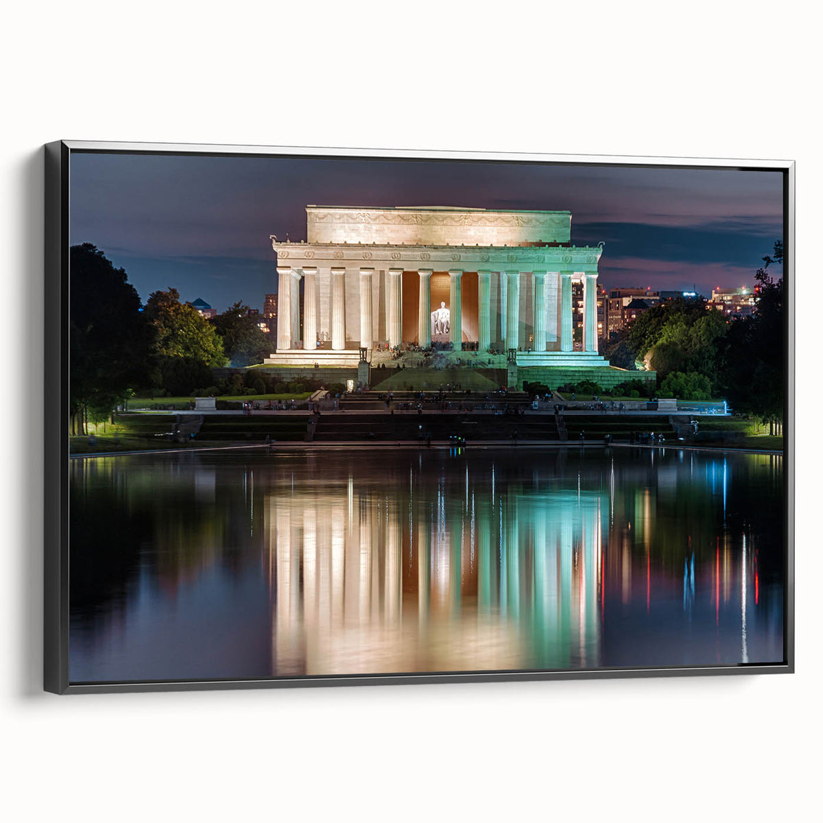 Black and white framed canvas of the Lincoln Memorial, in a vintage poster style, suitable for bedroom wall decor.