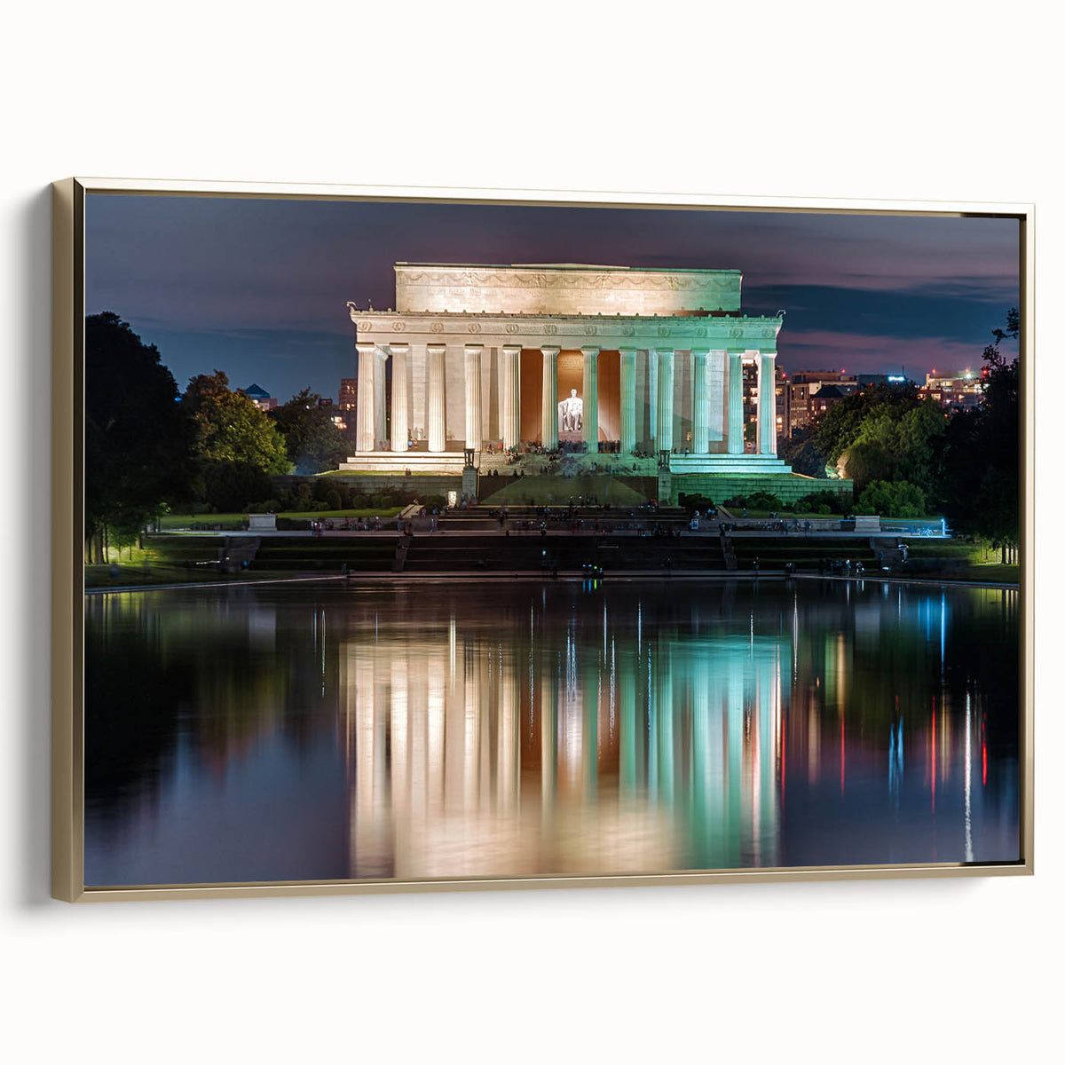 Framed canvas depicting a vintage-style landscape of the Lincoln Memorial in muted gold and black tones.