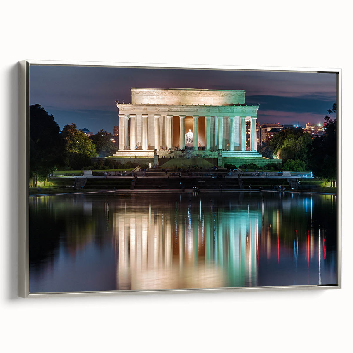 Framed canvas of a vintage-style landscape art painting featuring the Lincoln Memorial in muted colors.