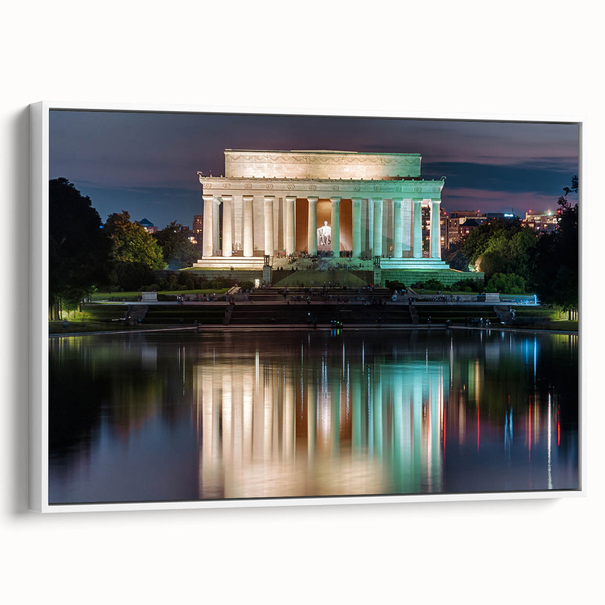Vintage poster art of Washington DC with Lincoln Memorial depicted in colorful hues on a framed canvas.