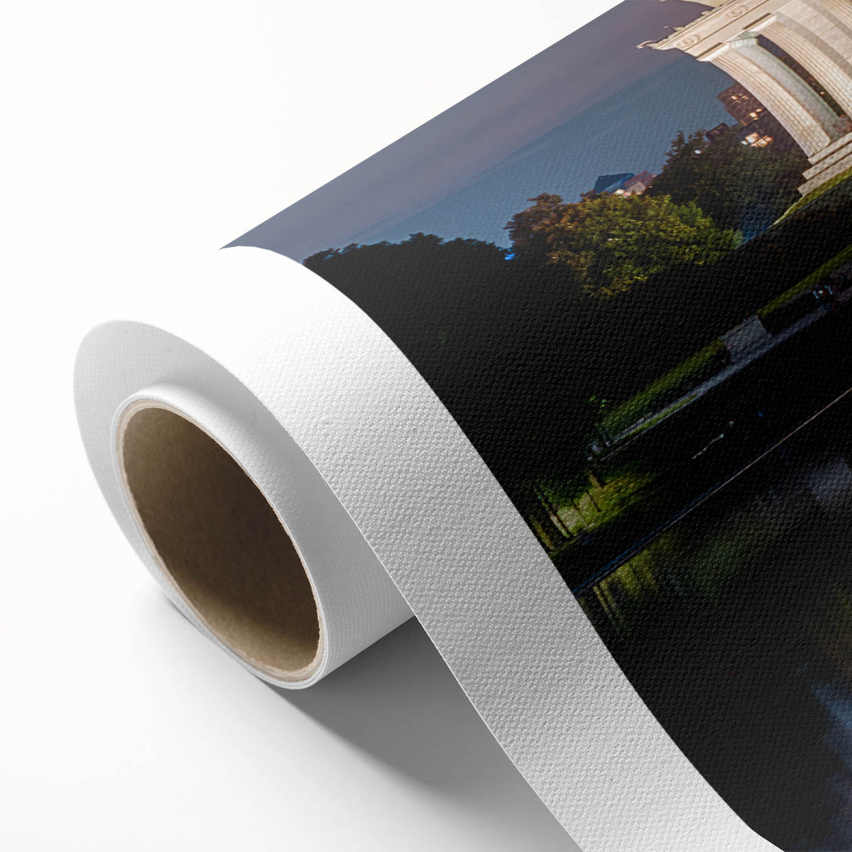 Art deco poster of Washington DC scenery featuring Lincoln Memorial in soft gray tones on rolled canvas.