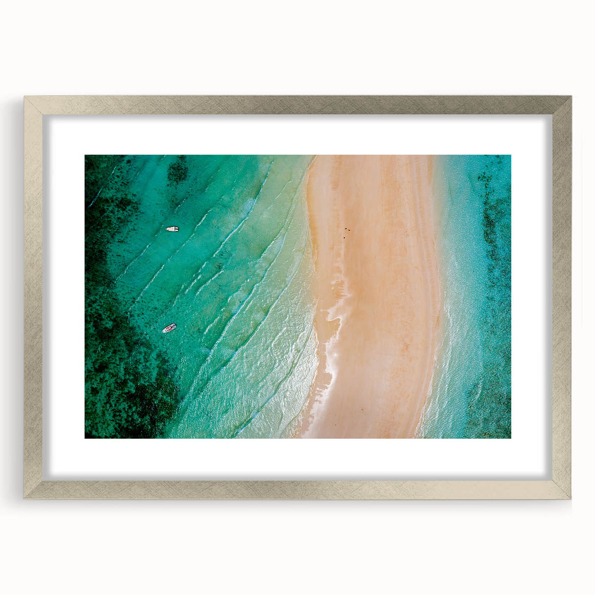 Abstract art print of Madagascar scenery in muted earth tones on a silver-framed canvas, suitable for dining room decor.