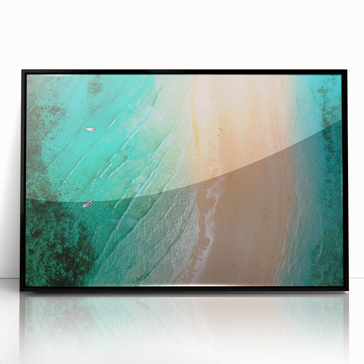 Large abstract wall art of Madagascar scenery in black acrylic frame, featuring mid-century modernist style.