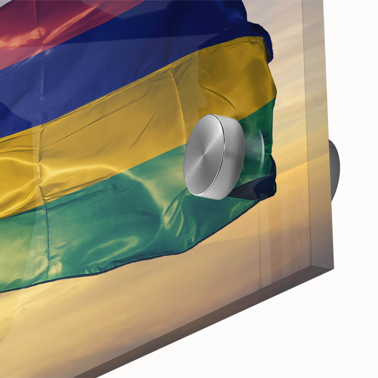 Mid-century modernist large abstract wall art of Mauritius scenery in vibrant colors on acrylic glass.