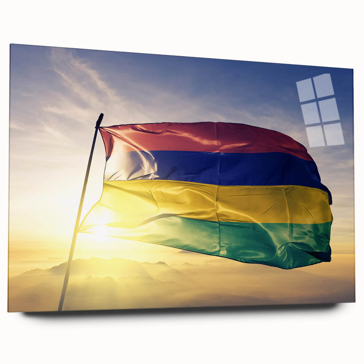 Large abstract wall art depicting the Mauritius landscape in vibrant blues and greens on acrylic glass.