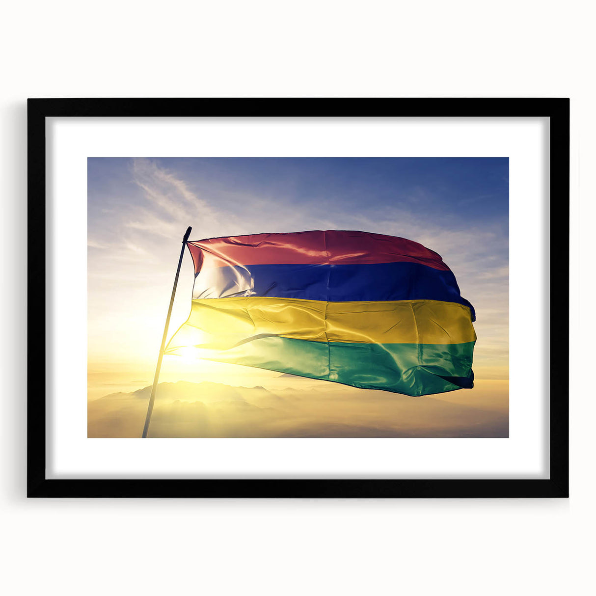 Abstract art print of colorful, textured scenery depicting Mauritius, in a large black frame, ideal for living room decor.