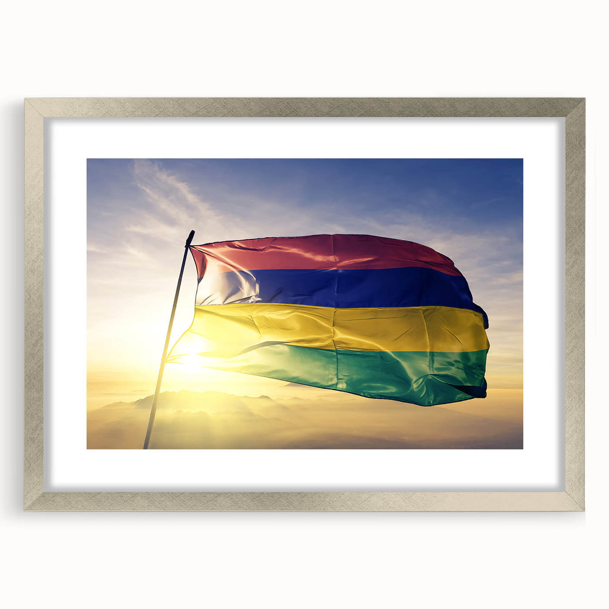 Abstract art print of an African scenery in muted earth tones on a framed silver mat.