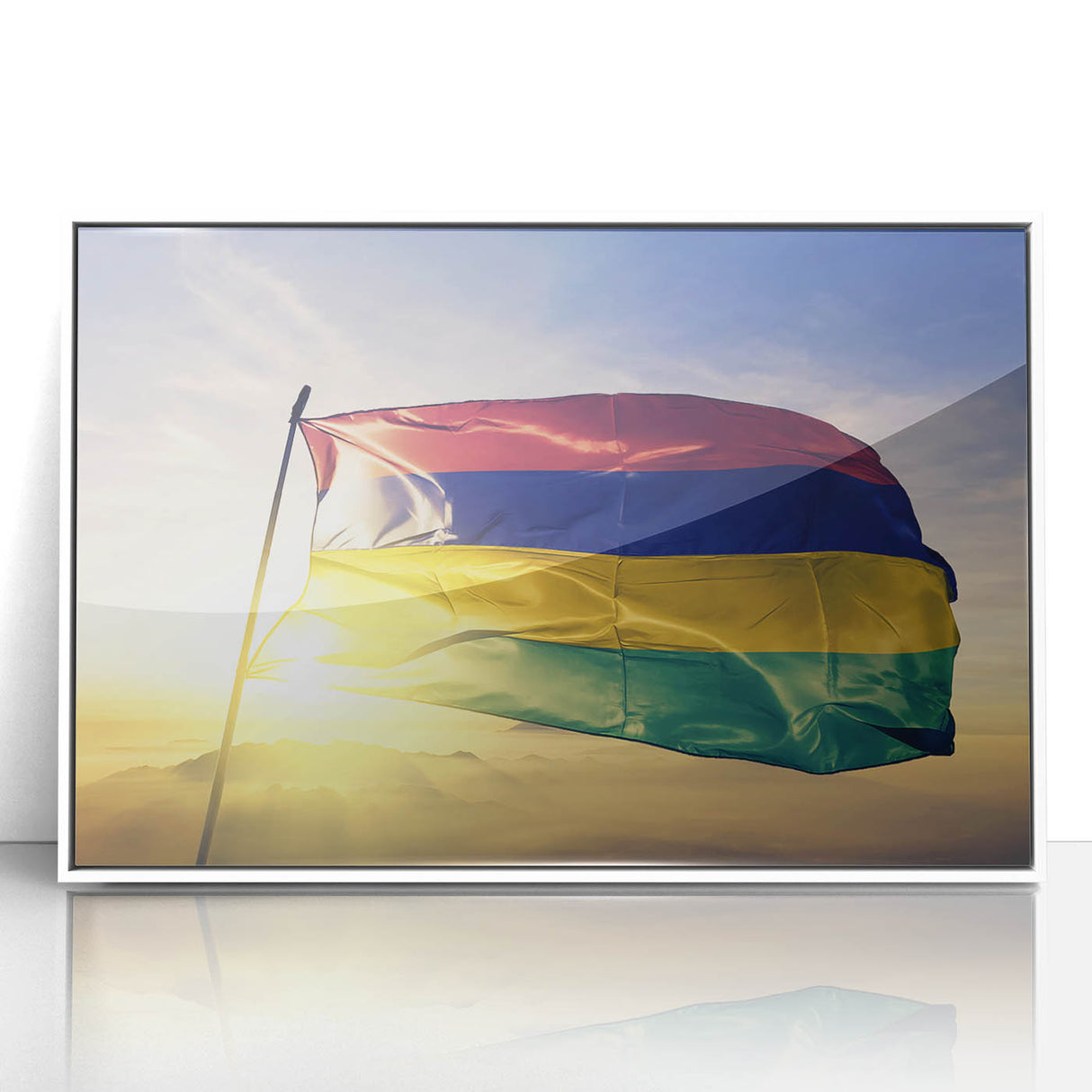 Large art print of a Mauritius landscape on framed acrylic, featuring mid-century modernist style and vibrant colors.