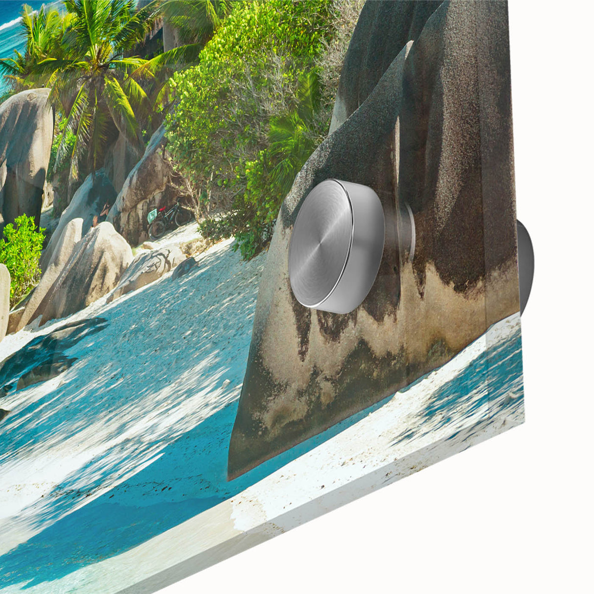 Large abstract wall art depicting the Seychelles scenery in mid-century modernist style on acrylic glass.