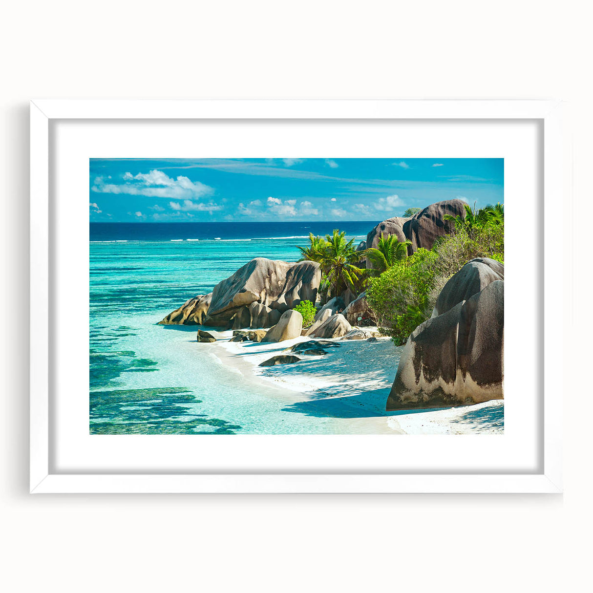 Textured abstract art print of Seychelles scenery in muted earth tones on a framed white mat, suitable for bedroom decor.