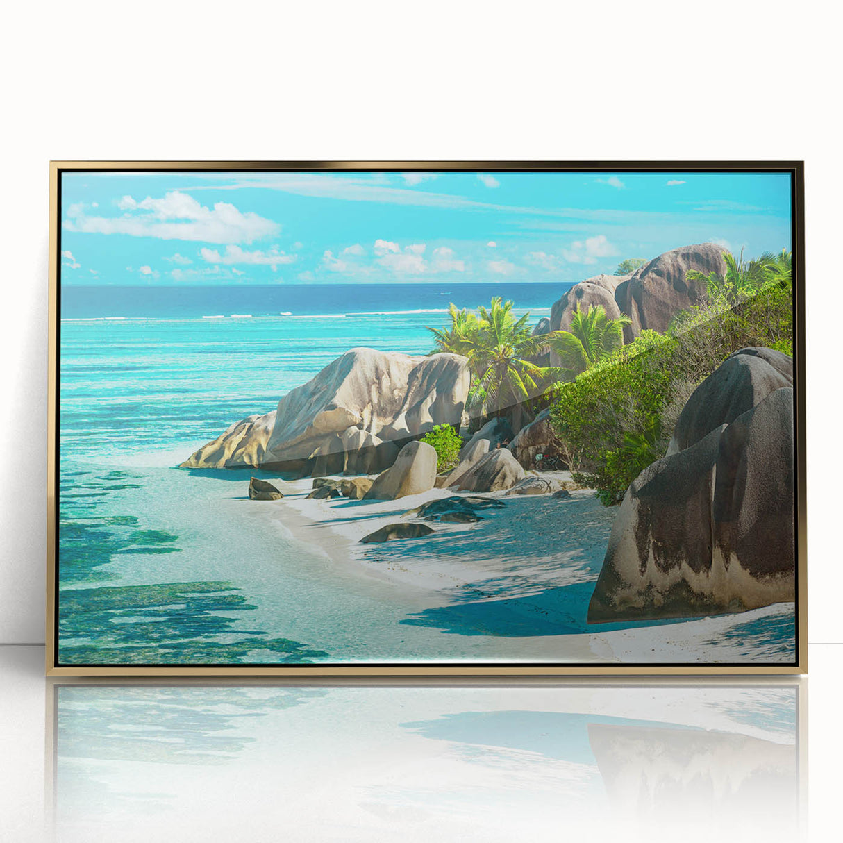 Acrylic print of a Seychelles landscape with gold frame, featuring serene blue and green tones.