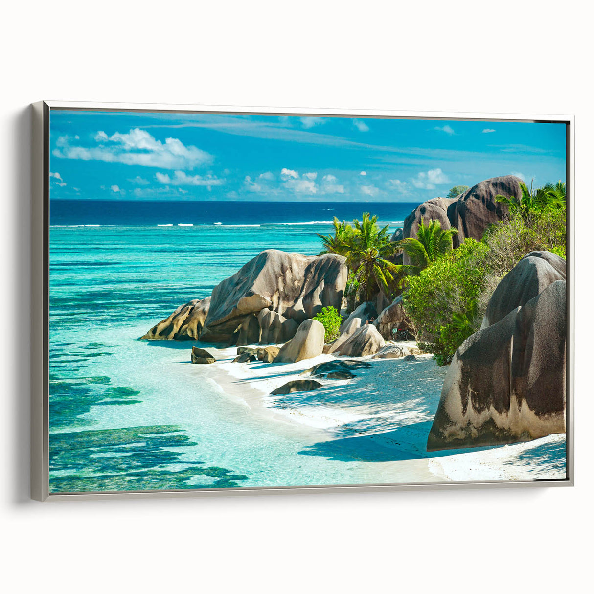 Landscape art painting of Seychelles with vibrant colors on framed canvas, ideal for living room decor.