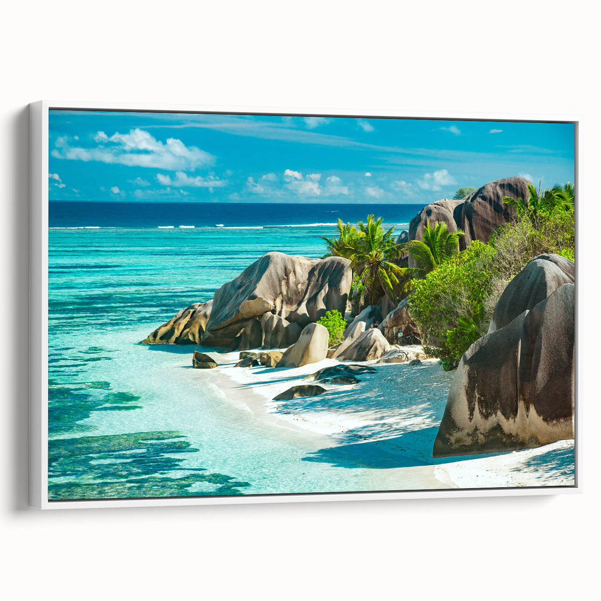 Vintage poster art of a Seychelles scenery on framed canvas, featuring vibrant colors, ideal for large living room walls.