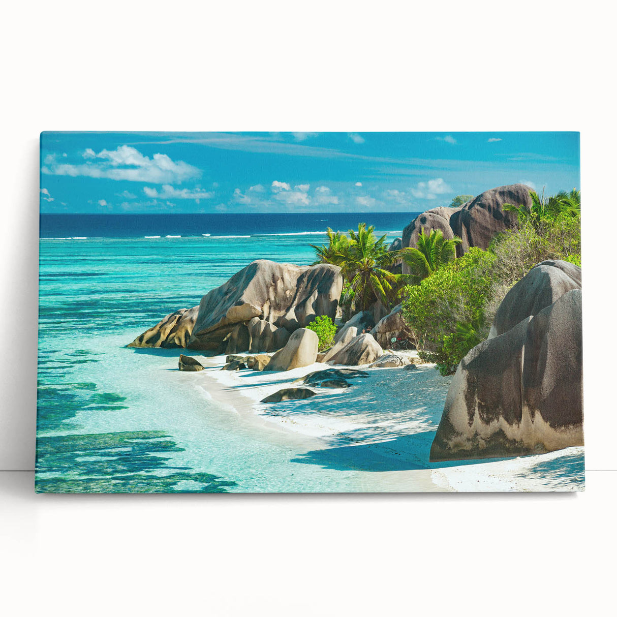 Monochrome large art print of Seychelles landscape on stretched canvas, suitable for kitchen wall art.