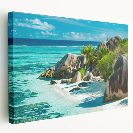 Large canvas print of a serene Seychelles beach with lush greenery and azure waters, suitable for kitchen wall art.