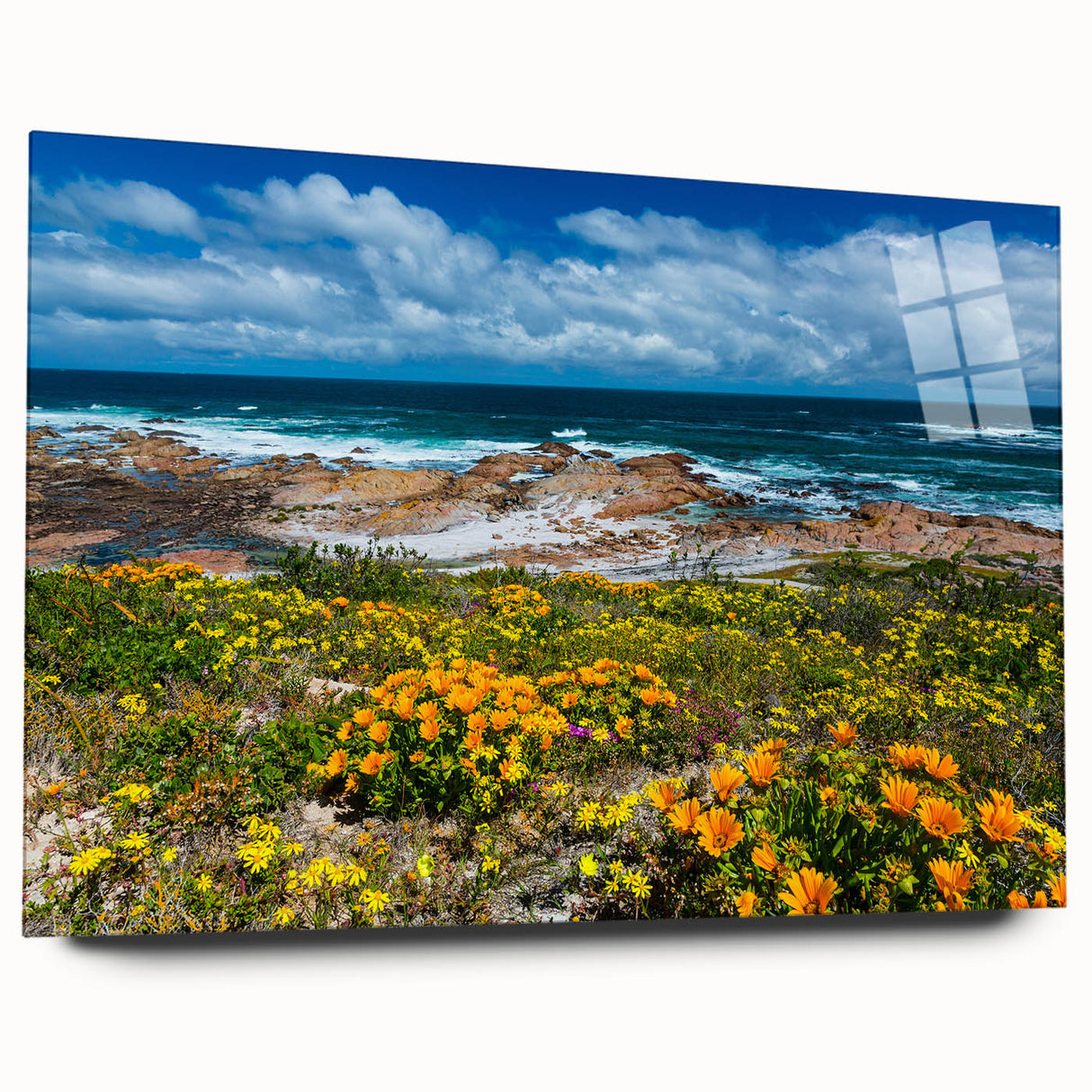 Large abstract wall art featuring a South African scenery in muted earth tones on acrylic glass.