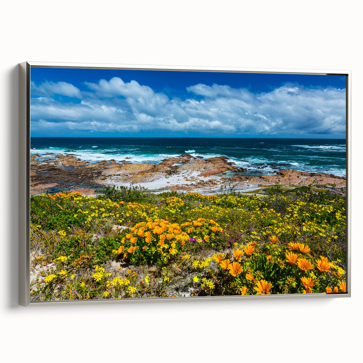 Landscape art painting of an African savannah on framed canvas, featuring a colorful vintage poster style.