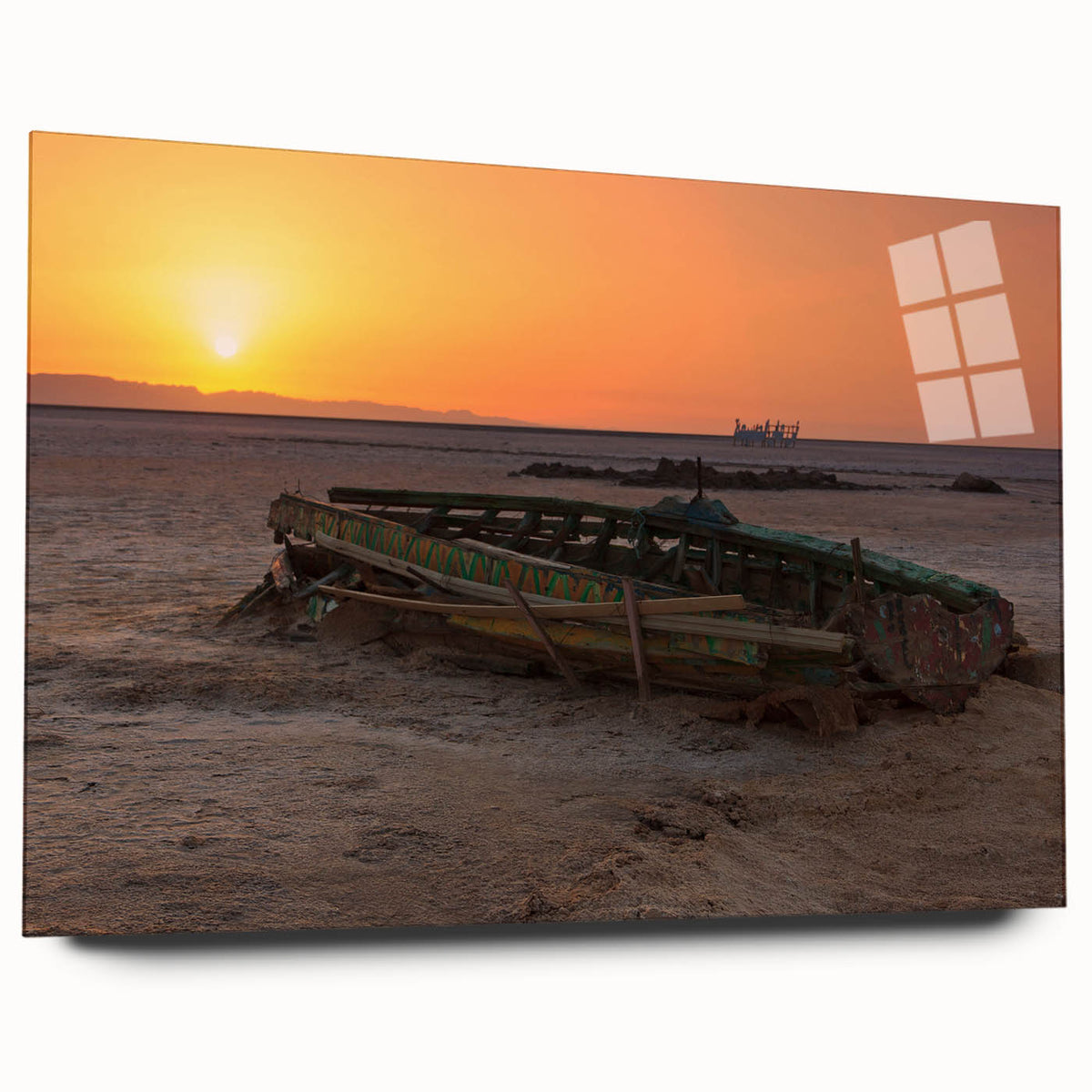 Large abstract wall art depicting a Tunisian landscape in muted earth tones on acrylic glass.
