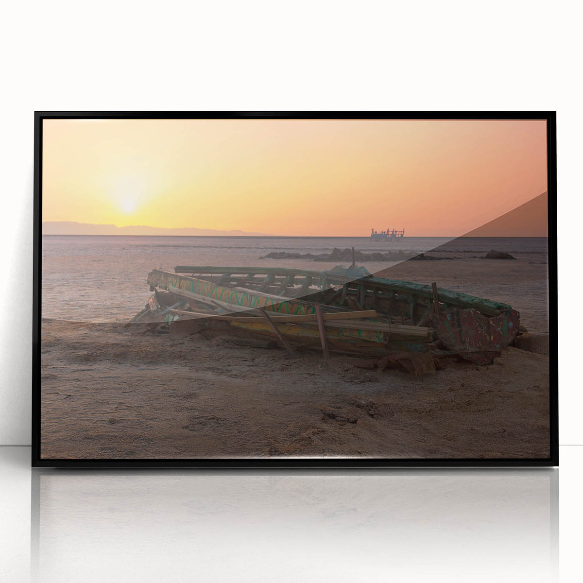 Large abstract wall art depicting a Tunisian landscape in muted earth tones, framed in black acrylic.