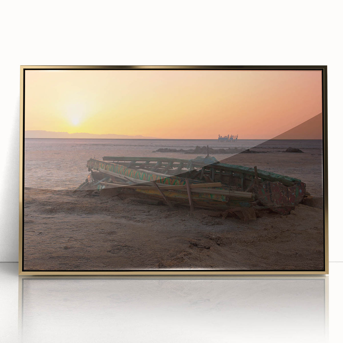 Art deco poster of a Tunisian landscape in muted gold and brown tones, acrylic print framed, ideal for modern art wall decor.