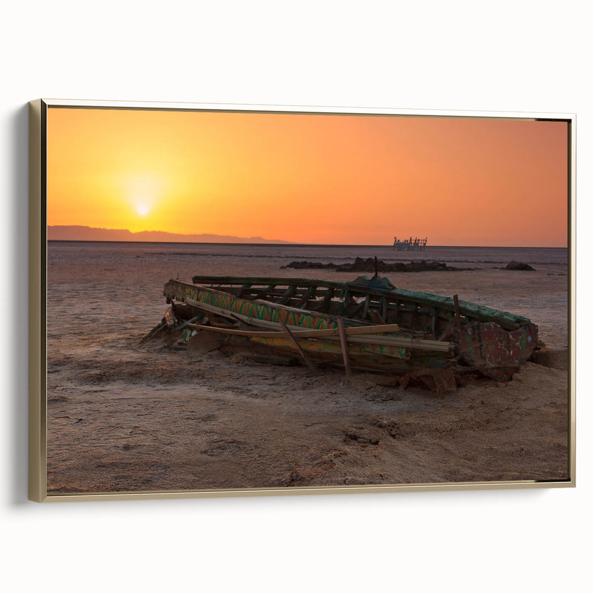 Framed canvas featuring a vintage-style landscape painting of a Tunisian scene in gold and black tones.
