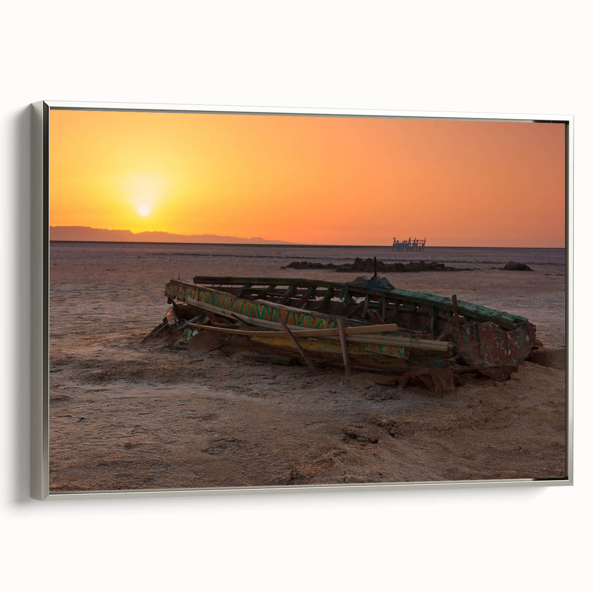Landscape art painting of Tunisian scenery in colorful tones on framed canvas, ideal for living room decor.