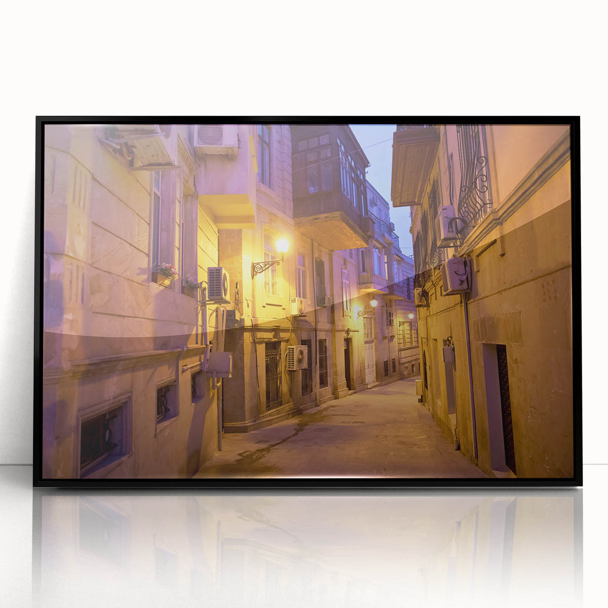 Large abstract wall art depicting a serene Azerbaijani landscape in muted earth tones, framed in black acrylic.