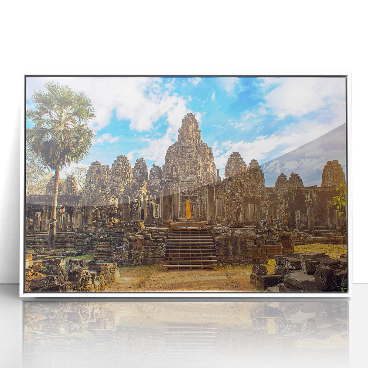 Acrylic print of a Cambodian landscape in muted earth tones, framed in white, suitable for modern art wall decor.