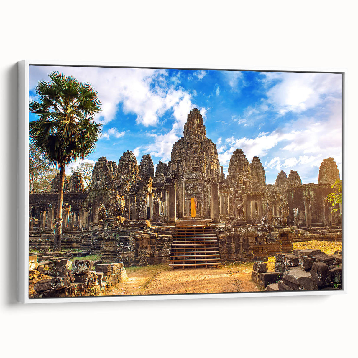 Vintage poster art of a Cambodian scenery on a framed canvas, featuring vibrant colors, ideal for living room decor.