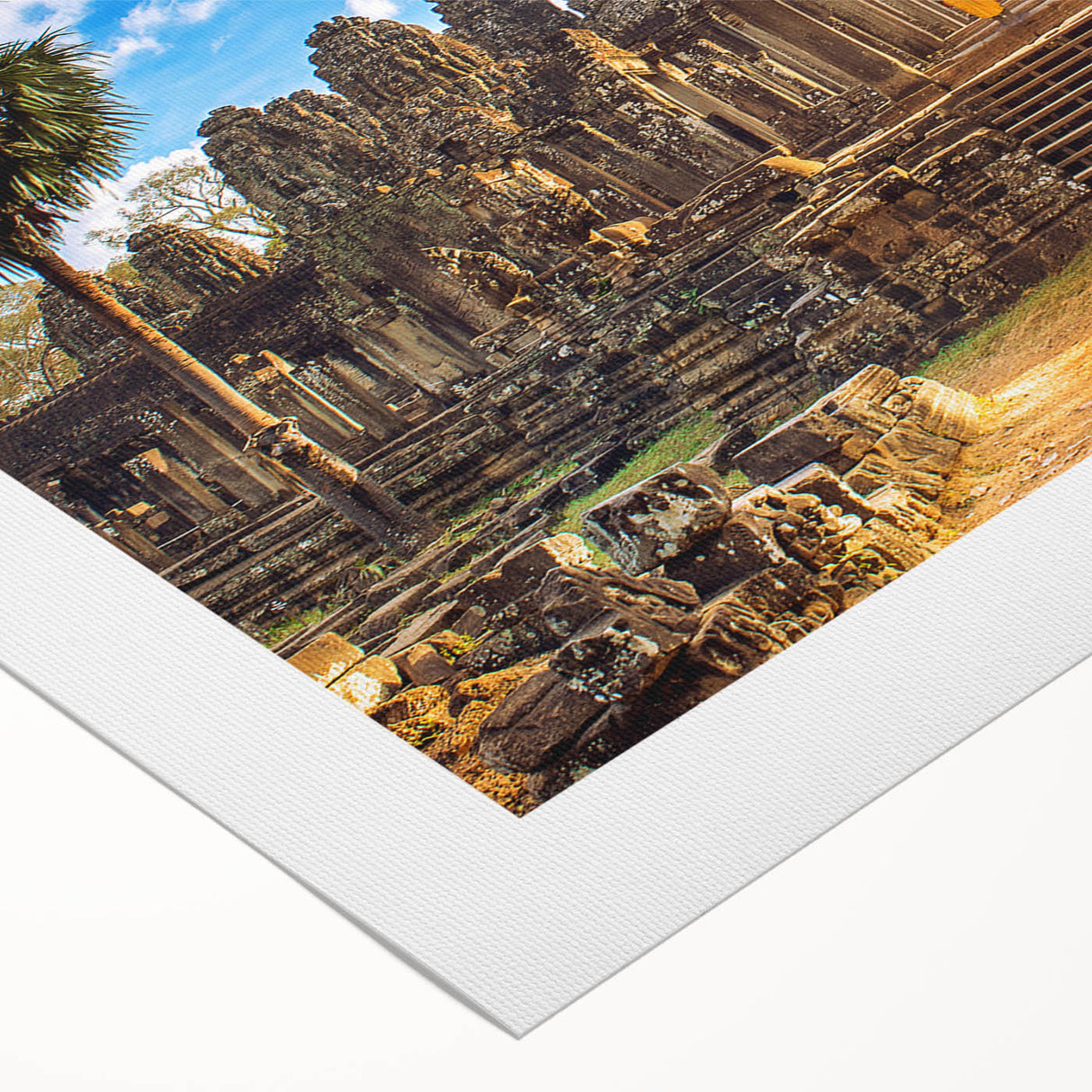 Art deco poster of a Cambodian scenery in muted earth tones on rolled canvas, suitable for dining room wall art.