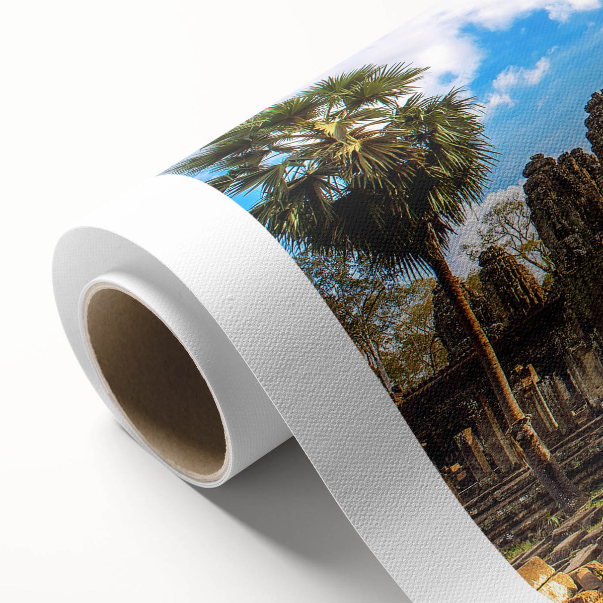 Art Deco poster of a Cambodian landscape on rolled canvas, featuring muted earth tones.