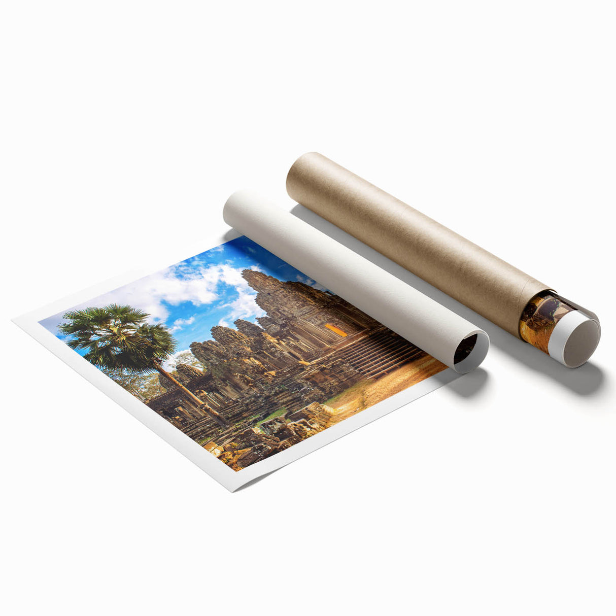 Extra large rolled print of a Cambodian scenery with vibrant floral elements, ideal for classy bathroom wall art.