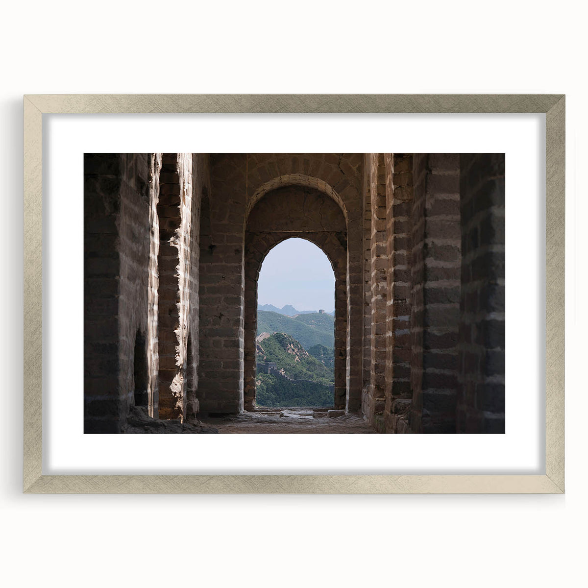 Textured art print of the Great Wall of China in muted earth tones on a framed canvas, suitable for bedroom decor.