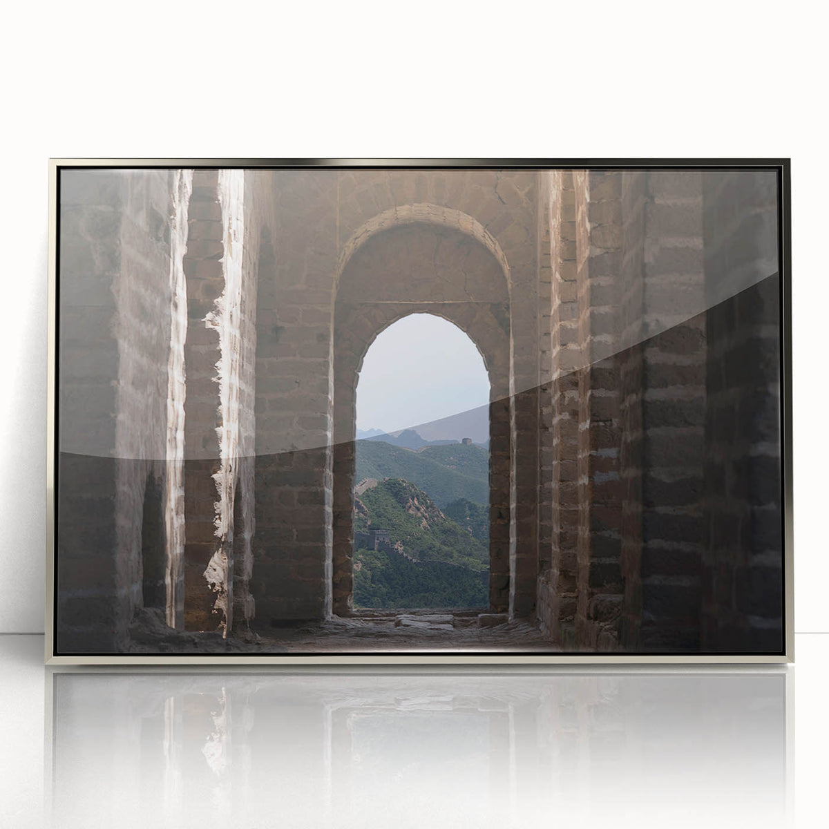 Mid-century modernist acrylic print of the Great Wall of China in muted earth tones, ideal for modern art wall decor.
