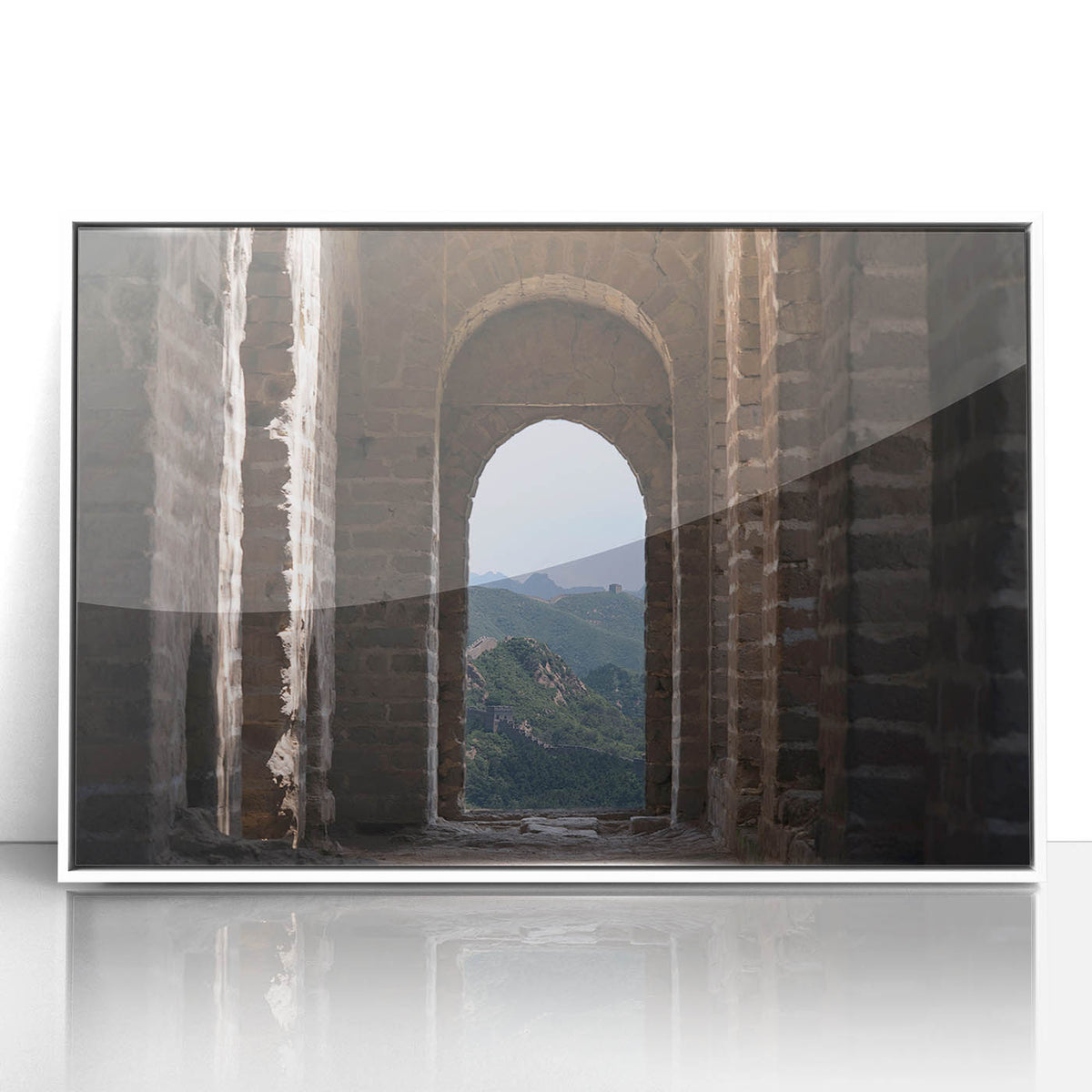 Acrylic framed print of the Great Wall of China in muted earth tones, ideal for modern art wall decor.