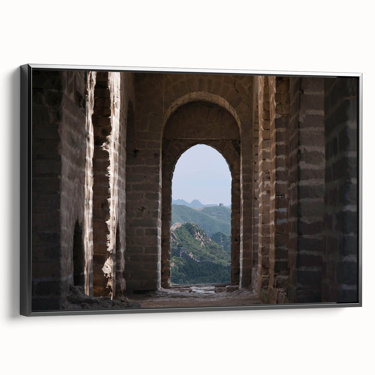 Black and white framed canvas of the Great Wall of China in a vintage poster style, suitable for bedroom wall decor.