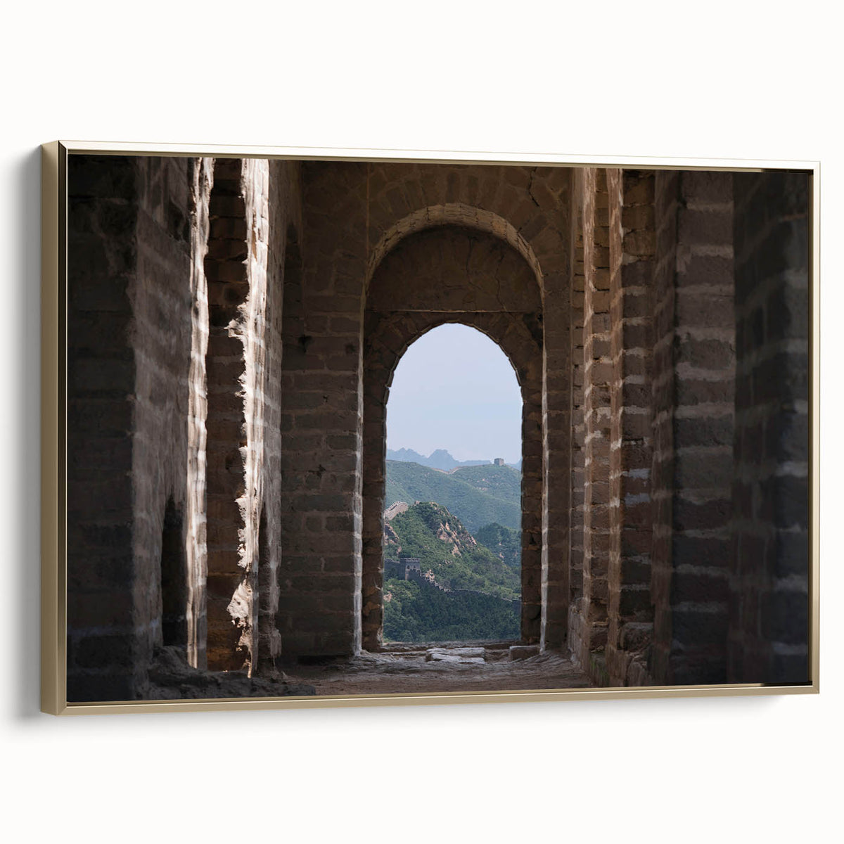 Framed canvas depicting the Great Wall of China in muted gold tones, suitable as wall art for bedroom.