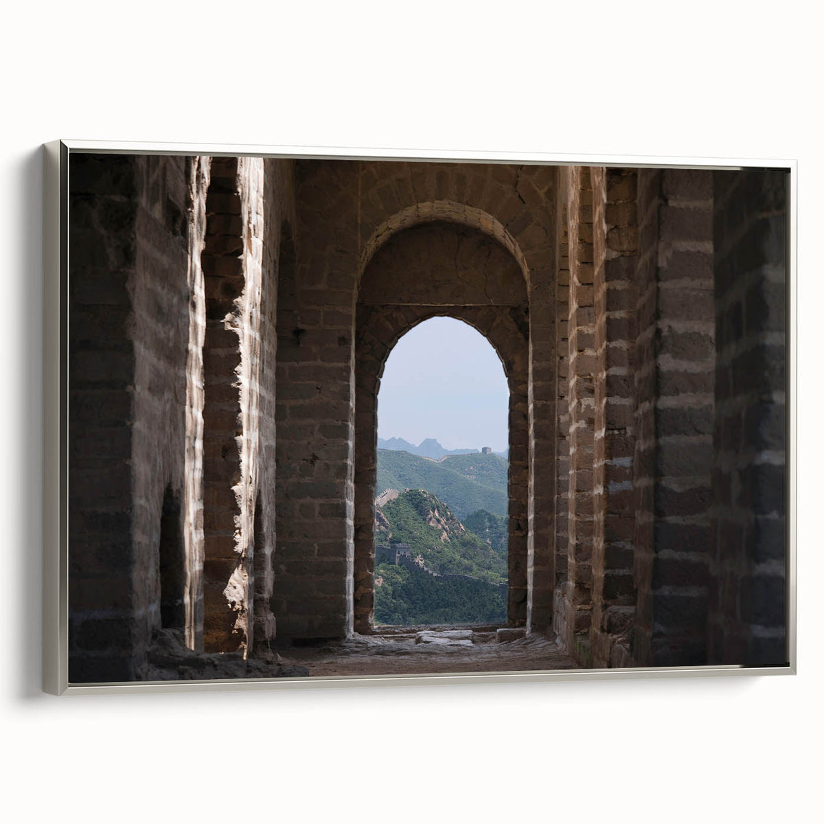 Landscape art painting of the Great Wall of China in muted earth tones on a framed canvas.