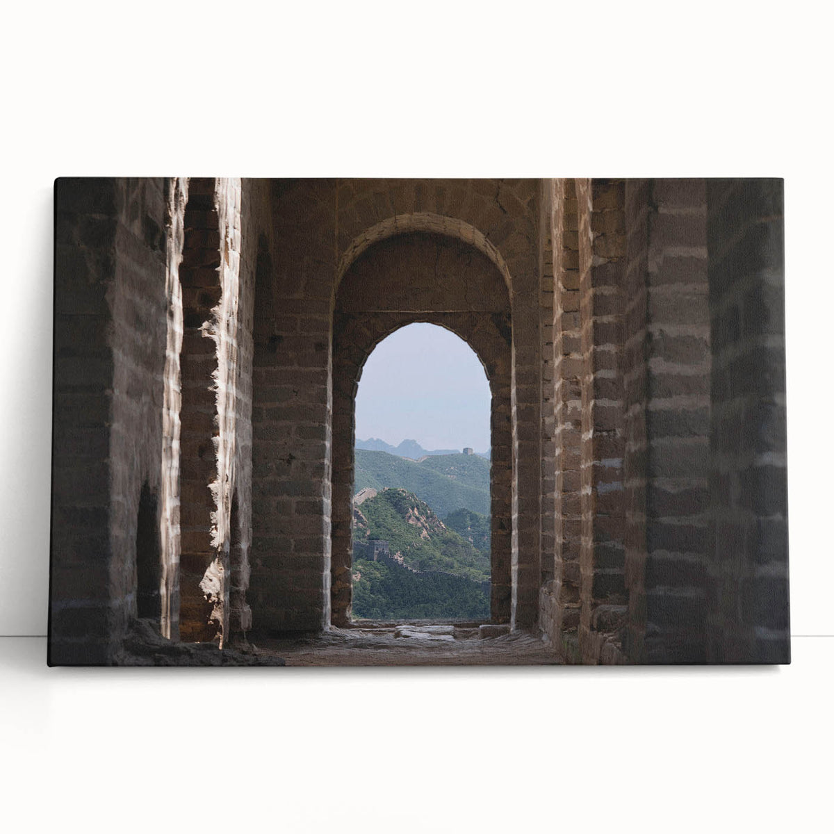 Black and white photograph of the Great Wall of China on a large stretched canvas, ideal for kitchen wall art.