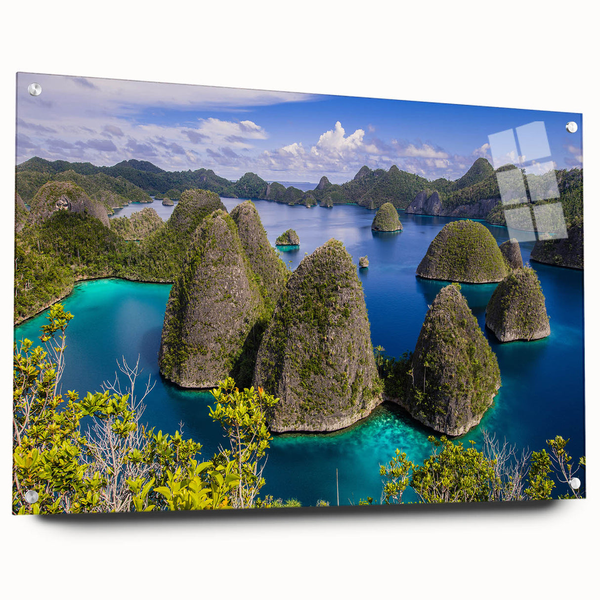 Large abstract wall art depicting a serene Indonesian landscape in muted earth tones on acrylic glass.