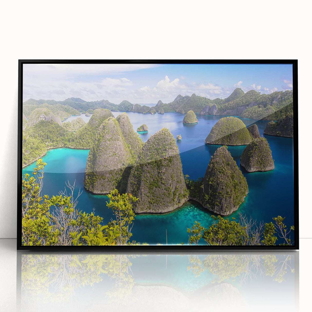 Large abstract wall art depicting a muted, earth-toned Indonesian landscape on framed acrylic.