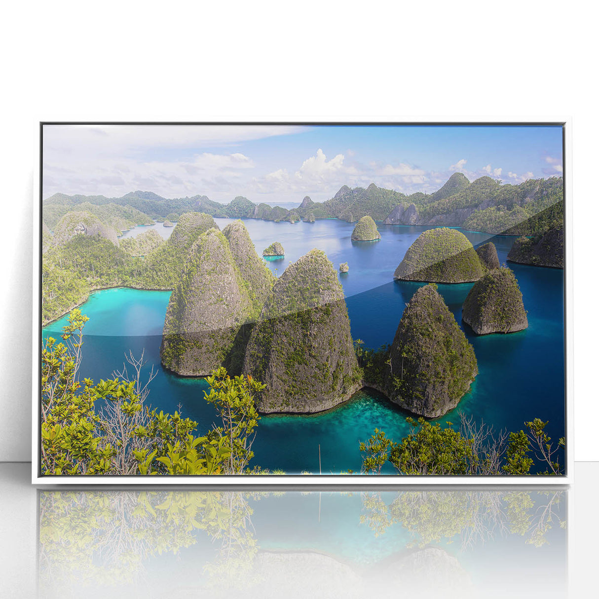 Modern art wall decor featuring an abstract Indonesian landscape in pastel shades on a framed acrylic.