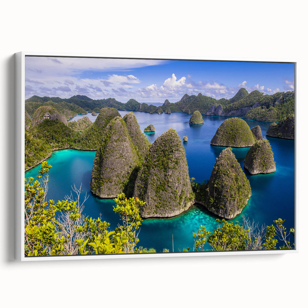 Vintage poster art of an Indonesian landscape in vibrant colors on a framed canvas, ideal for living room decor.
