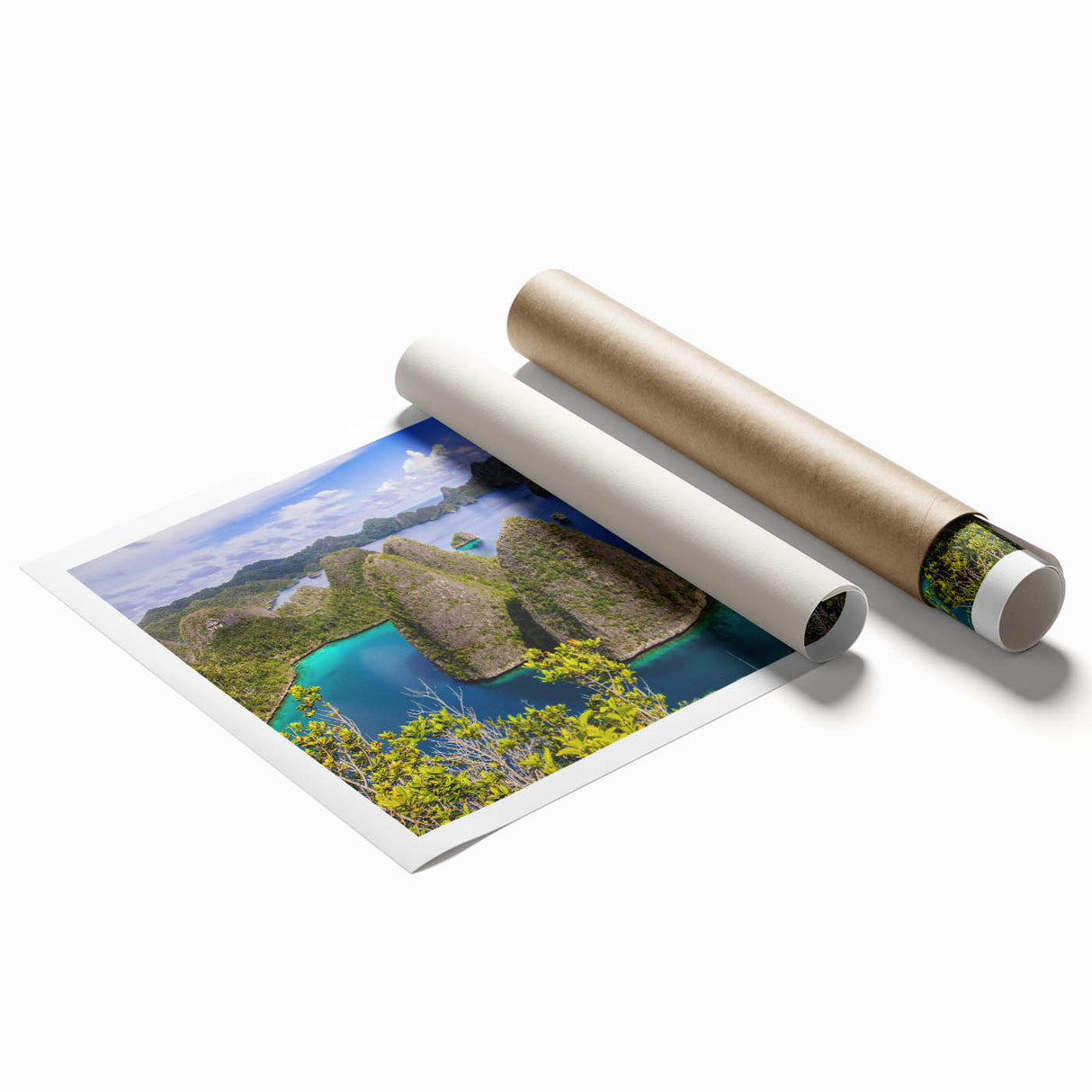 Extra large rolled print of a serene Indonesian landscape in soft green and blue hues.
