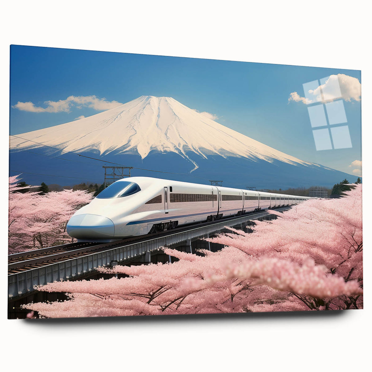 Large abstract depiction of Mount Fuji in muted blues and whites on acrylic glass, ideal for bedroom or dining room art.